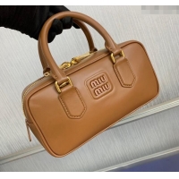 Reasonable Price Miu Miu Arcadie Calf Leather top handle bag with Tone-to-Tone Logo 5BB142 Brown 2024