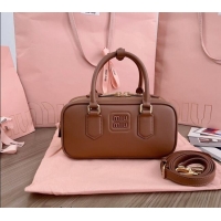 Best Grade Miu Miu Arcadie Calf Leather top handle bag with Tone-to-Tone Logo 5BB142 Dark Brown 2024