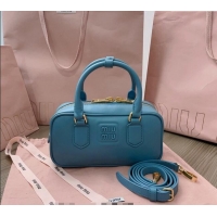 Low Cost Miu Miu Arcadie Calf Leather top handle bag with Tone-to-Tone Logo 5BB142 Blue 2024