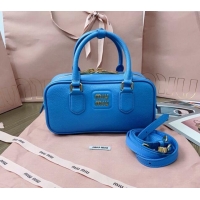 Well Crafted Miu Miu Arcadie Calf Leather top handle bag with Gold-Tone Logo 5BB142 Blue 2024