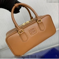 Well Crafted Miu Miu Arcadie Calf Leather top handle bag with Tone-To-Tone Logo 5BB148 Light Brown 2024