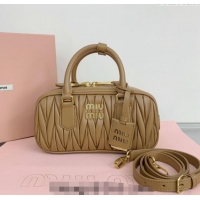 Shop Discount Miu Miu Arcadie Matelasse Nappa Leather top handle bag with Gold-Tone Logo 5BB142 Light Brown 2024