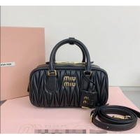 Inexpensive Miu Miu Arcadie Matelasse Nappa Leather top handle bag with Gold-Tone Logo 5BB142 Black 2024