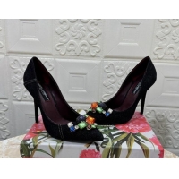 Top Grade Dolce & Gabbana DG Denim Pumps 10.5cm with Crystal Stone Charm Black 325083