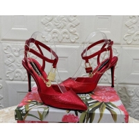 Unique Style Dolce & Gabbana DG Slingback Pumps 10.5cm with Lock Chain in Snakeskin-Like Calfskin Red 325085