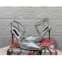 Good Quality Dolce & Gabbana DG Slingback Pumps 10.5cm with Lock Chain in Snakeskin-Like Calfskin Silver 325086