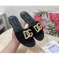 Luxurious Dolce & Gabbana DG Straw-Like Flat Slide Sandals Black 325120