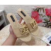 Low Price Dolce & Gabbana DG Straw-Like Flat Slide Sandals Beige 325123