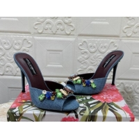 Best Price Dolce & Gabbana DG Denim Heel Slide Sandals 10.5cm with Crystal Stone Charm Blue 325127