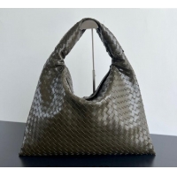 Famous Brand Bottega Veneta Large Hop Hobo Bag Intrecciato Calf Leather 763970 Dark Khaki Green 2024