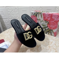 Buy Luxury Dolce & Gabbana DG Velvet Flat Slide Sandals Black 604091