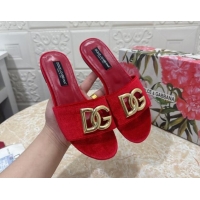 Good Quality Dolce & Gabbana DG Velvet Flat Slide Sandals Red 604092