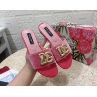 Unique Style Dolce & Gabbana DG Velvet Flat Slide Sandals Pink 604093