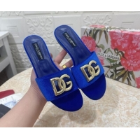 Most Popular Dolce & Gabbana DG Velvet Flat Slide Sandals Blue 604098