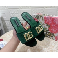 Original Cheap Dolce & Gabbana DG Velvet Flat Slide Sandals Green 604099