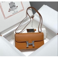 New Fashion Hermes Constance Elan East-West Bag 26cm in Calfskin 4048 Brown/Silver 2024 (Half Handmade)