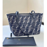 Original Cheap Fendi Small Roll Reversible shopper Tote Bag in FF chenille fabric 8661S dark blue 2024