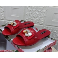 Low Cost Dolce & Gabbana Lizard Embossed Leather Flat Slide Sandals with Strass Bow Red 604145