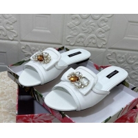 Good Quality Dolce & Gabbana Lizard Embossed Leather Flat Slide Sandals with Strass Bow White 604146