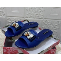 Durable Dolce & Gabbana Lizard Embossed Leather Flat Slide Sandals with Strass Bow Blue 604147