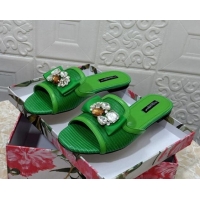 Lower Price Dolce & Gabbana Lizard Embossed Leather Flat Slide Sandals with Strass Bow Green 604148