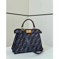 Modern Classic Fendi Peekaboo ISeeU Small Bag in  FF chenille fabric 8670 Dark Blue 2024