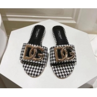 Unique Discount Dolce & Gabbana DG Flat Slide Sandals in Houndstooth Fabric Black/White 725042