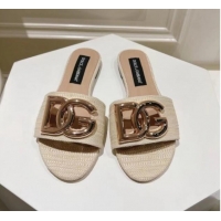 Pretty Style Dolce & Gabbana DG Straw-Like Flat Slide Sandals Light Beige 725044