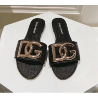 Classic Hot Dolce & Gabbana DG Straw-Like Flat Slide Sandals Black 725046