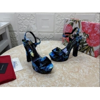 Cheap Price Dolce & Gabbana DG Printed Satin High Heel Platform Sandals 13.5cm Black/Blue 813007