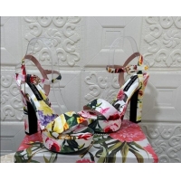 Good Quality Dolce & Gabbana DG Printed Satin High Heel Platform Sandals 13.5cm White 813010