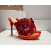 Top Grade Christian Louboutin Flower Crystals High Heel Slide Sandals 12cm in Suede Orange 328054