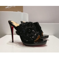 Grade Quality Christian Louboutin Flower Crystals High Heel Slide Sandals 12cm in Suede Black 328055