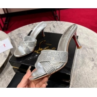 Luxury Cheap Christian Louboutin Mariza Is Back Strass Heel Slide Sandals 8.5cm Silver 506015