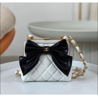 Promotional Chanel Shiny Lambskin Clutch with Chain and Maxi Bow AP4028 White/Black 2024