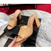 Good Quality Christian Louboutin Jane Heel Slides Sandal 8.5cm in Patent Leather Beige 702008