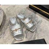 Popular Style Christian Louboutin MJ Leather Flat Slides Sandal with Logo Chain Silver 904099