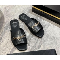 Best Price Christian Louboutin MJ Leather Flat Slides Sandal with Logo Chain Black 904100