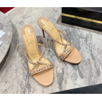 Top Design Christian Louboutin Tatoosh Spikes Leather Heel Slides Sandal 10cm Nude 904102