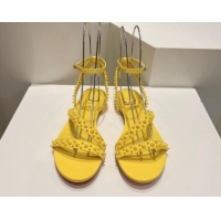 Best Grade Christian Louboutin Spikes Leather Flat Sandals Yellow 904111