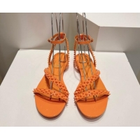 Low Price Christian Louboutin Spikes Leather Flat Sandals Orange 904112