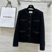 New Design Chanel Wool Tweed Jacket with Leather Trim 1108 Black 2024