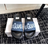 Low Price Alexander McQueen TPU Slide Sandals with Signature Print Blue 430114