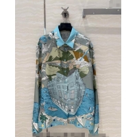 Big Discount Hermes Printed Silk Shirt 1108 Blue/Grey 2024