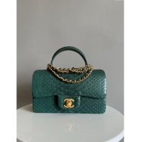 Top Quality Chanel Mini Classic Flap Bag with Top Handle in Pythonskin Leather AS2431 Dark Green 2024