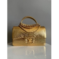 Shop Best Chanel Mini Classic Flap Bag with Top Handle in Pythonskin Leather AS2431 Yellow Gold 2024