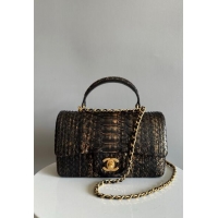 Low Price Chanel Mini Classic Flap Bag with Top Handle in Pythonskin Leather AS2431 Black/Yellow 2024