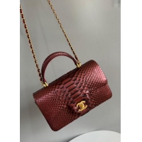 Classic Chanel Mini Classic Flap Bag with Top Handle in Pythonskin Leather AS2431 Dark Burgundy 2024