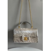 Cheap Design Chanel Mini Classic Flap Bag with Top Handle in Pythonskin Leather AS2431 Shiny Silver 2024