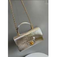 Top Grade Chanel Mini Classic Flap Bag with Top Handle in Pythonskin Leather AS2431 Iridescent Silver 2024